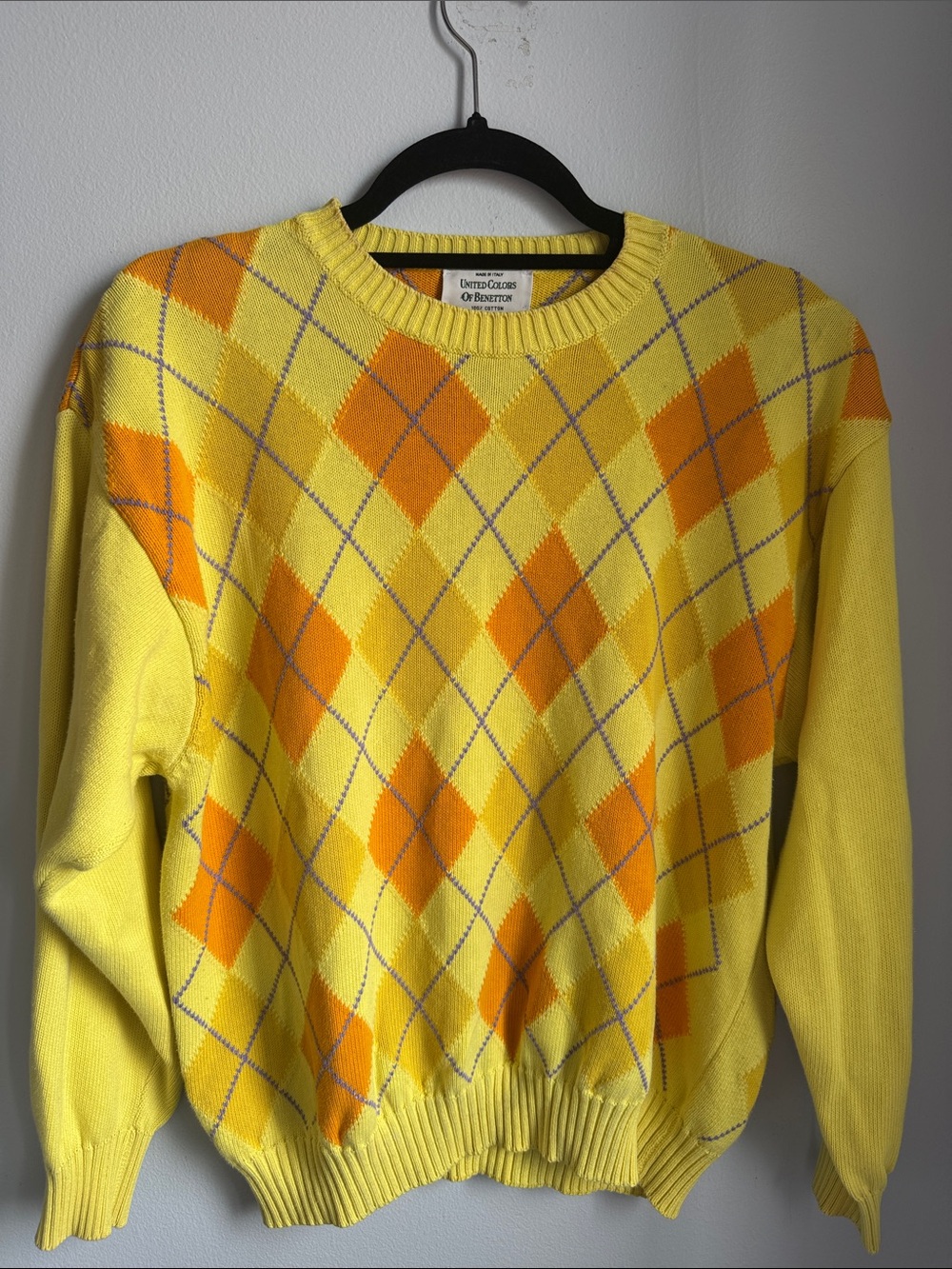 Vintage United Colors Of Benetton Yellow & Orange Argyle Crewneck Sweater